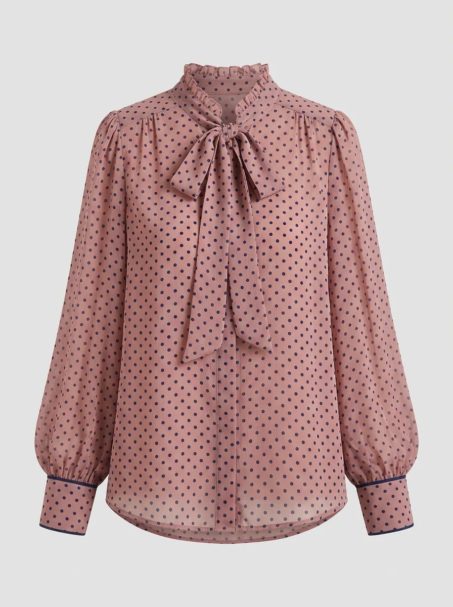 Women's Vintage Polka Dot Bow Tie Printed Blouse with Bow Tie