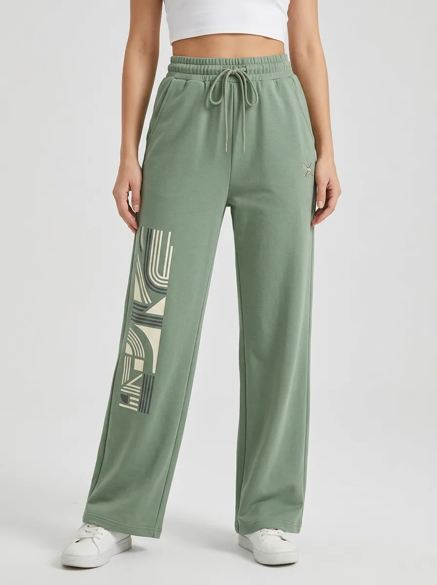 Women's Sage Green Drawstring Waist Wide-Leg Sweatpants
