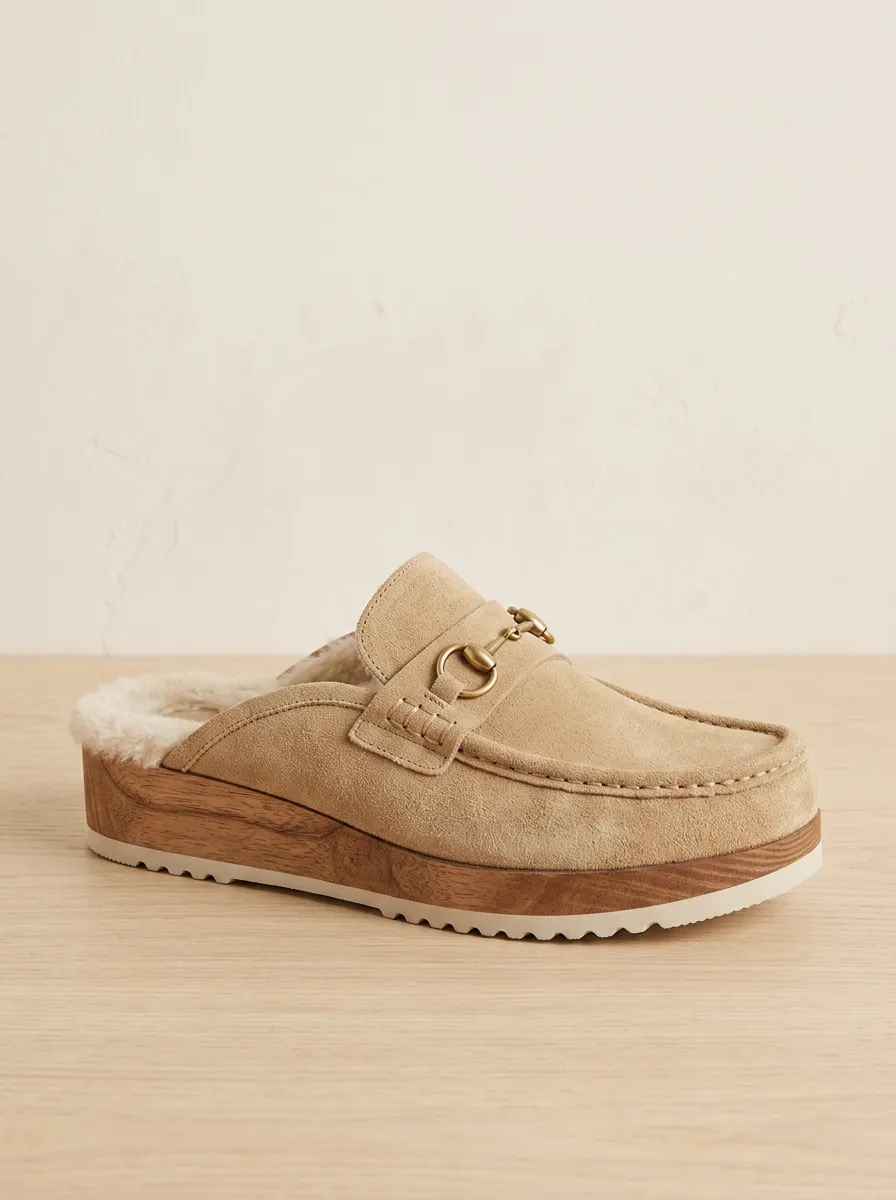 Women's Worksite Faux Fur Lined Casual Suede Wood Sole Loafers