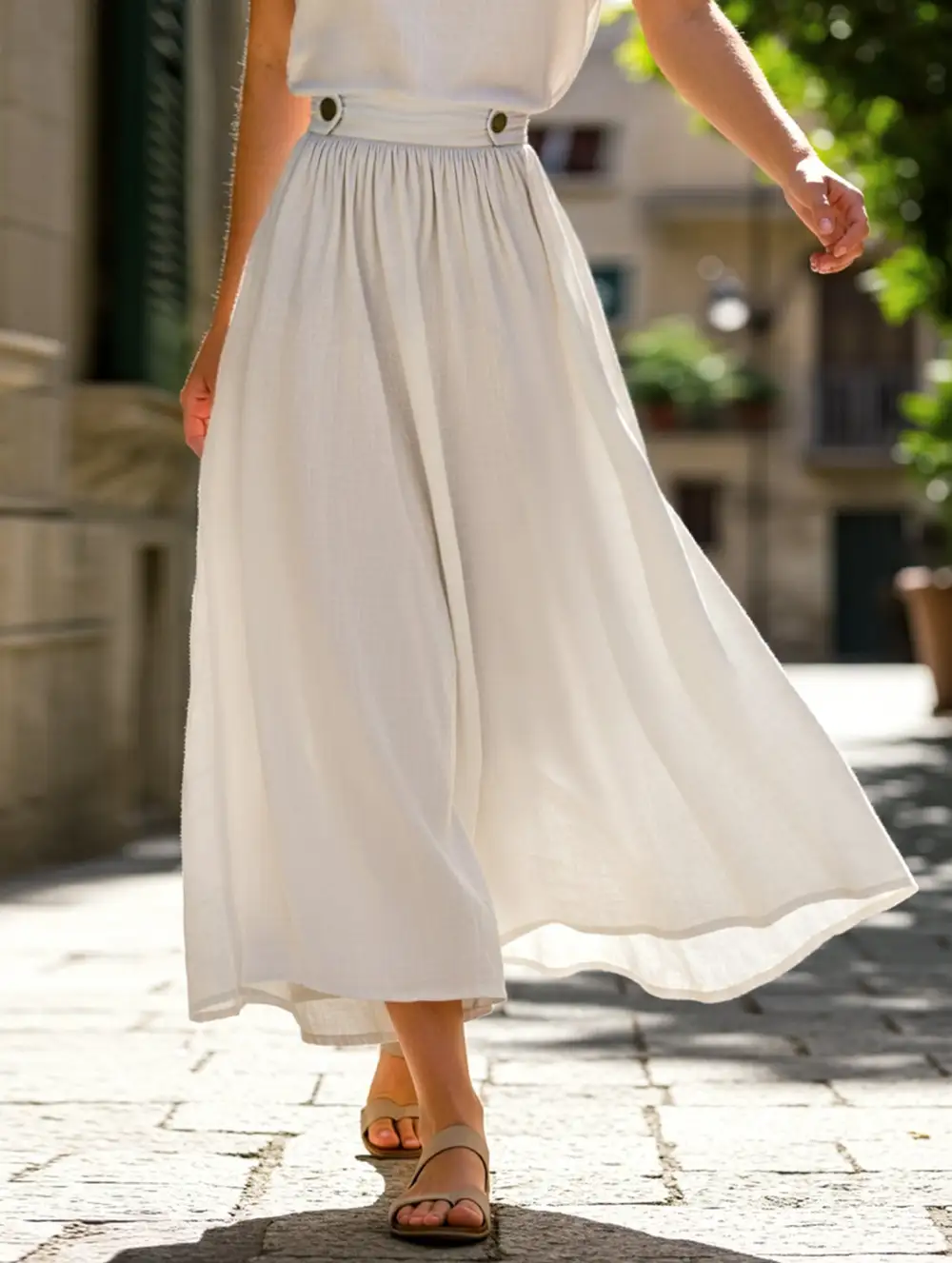 Cotton Linen Midi Skirt