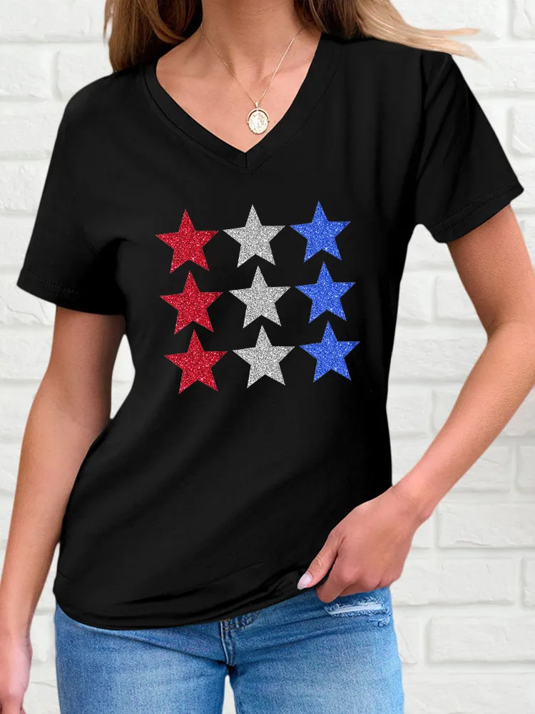 Star Pattern V-Neck Short-Sleeve T-Shirts
