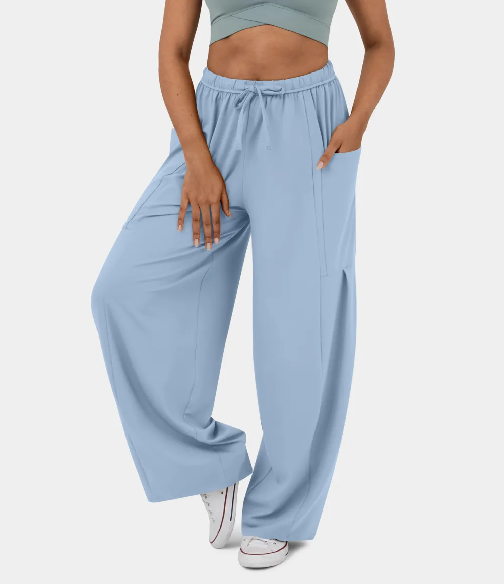 Mid Rise Elastic Waistband Drawstring Side Pocket Palazzo Flowy Wide Leg Casual Pants