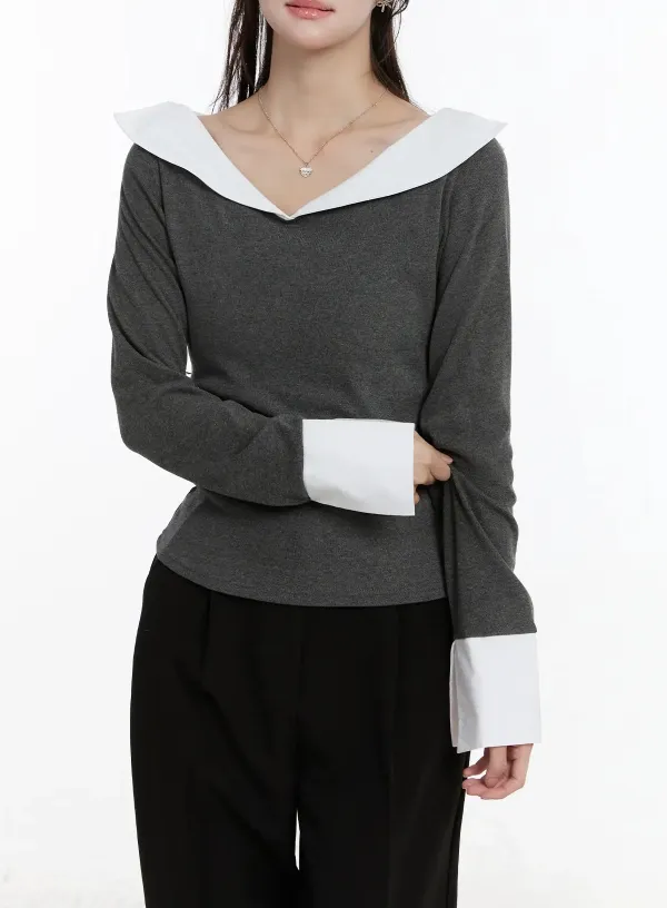 Off-Shoulder Contrast Long Sleeve Top