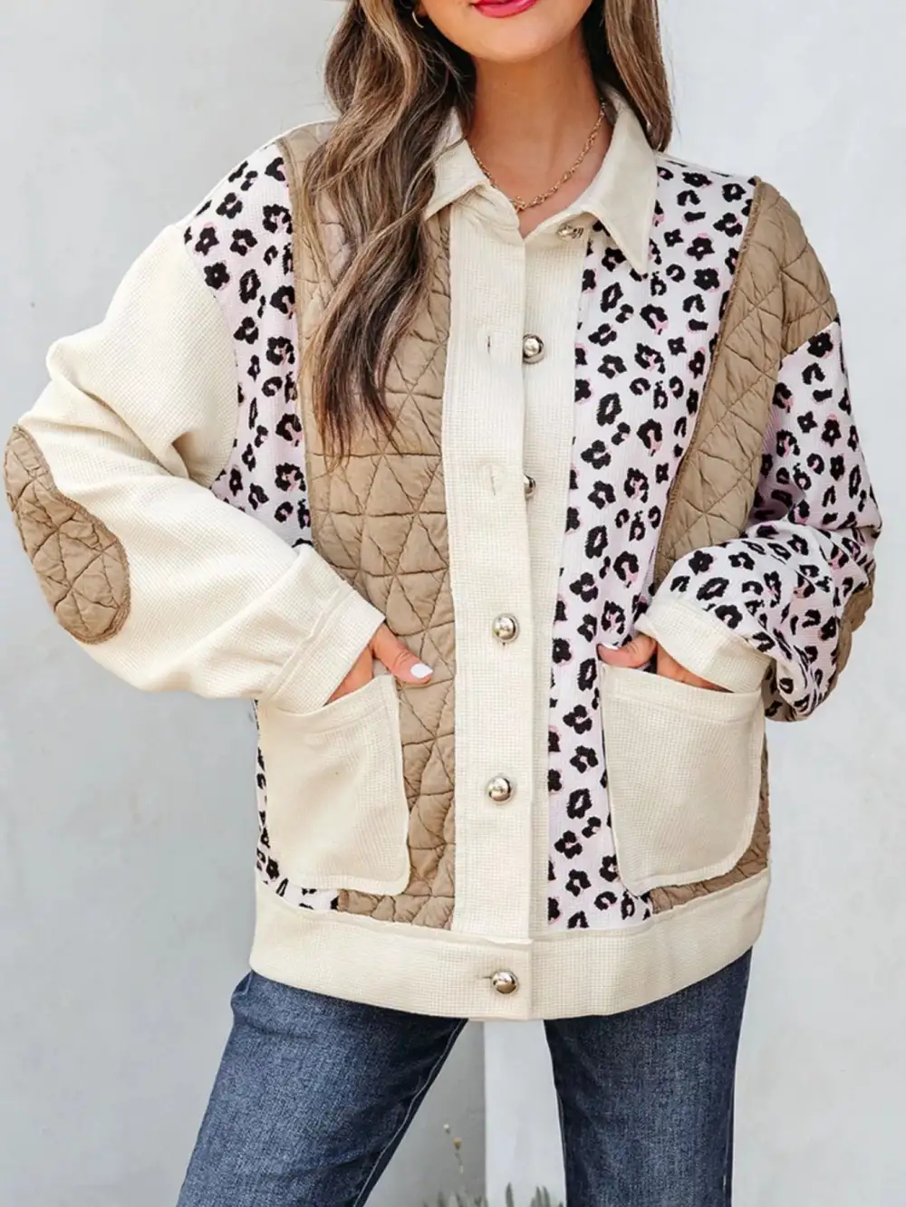 Leopard Waffle Quilted Patchwork Button Front Jacket