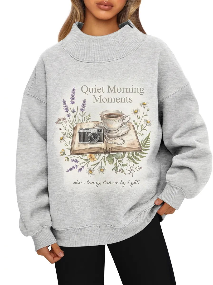 Women's Quiet Morning Coffee Camera Floral Graphic Sweatshirt