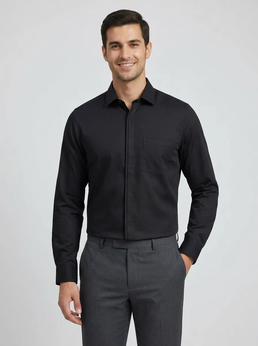 Men's Non-Iron Cotton Sage Green Logo Embroidered Long Sleeve Shirt