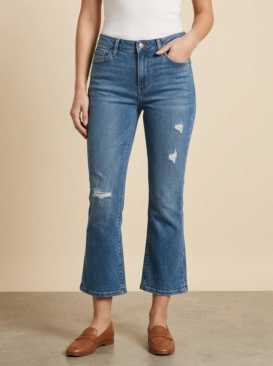 Women's Mid-Rise Contrast-Stitch Distressed Cropped Flare Jeans