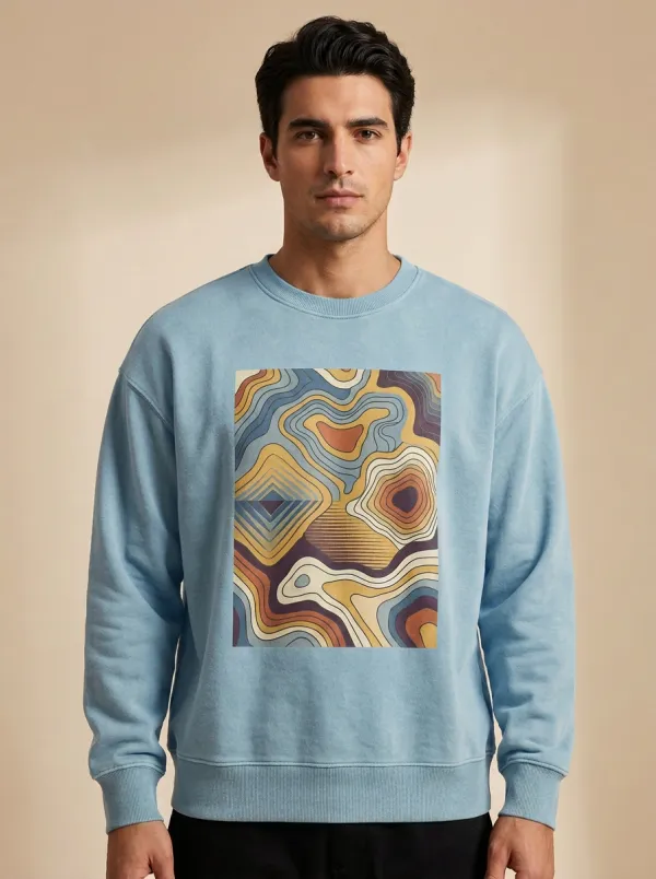 Men's Abstract Topographic Art Printed Crewneck Sweatshirt