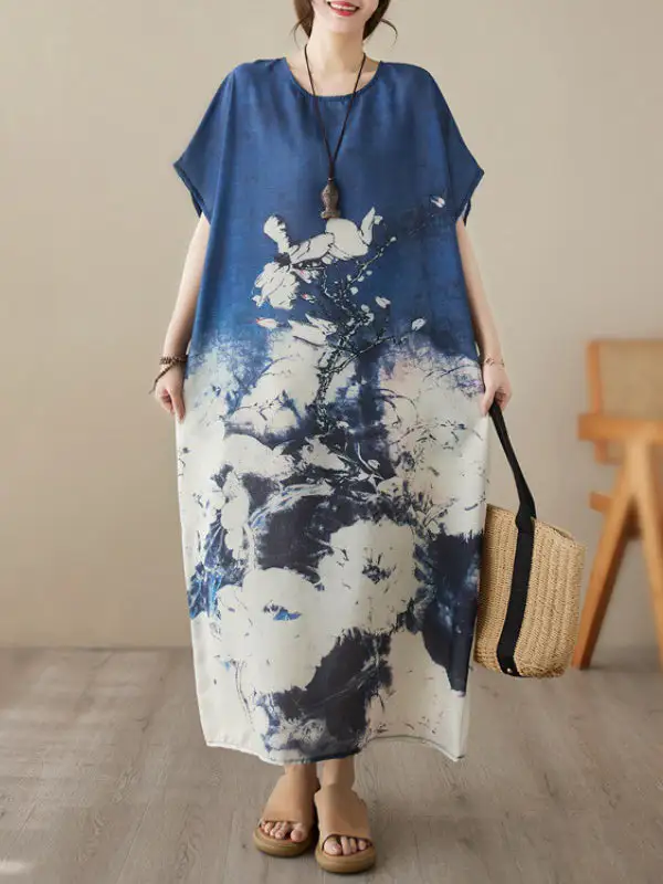 Loose Printed Sleeve Neck Maxi Dress