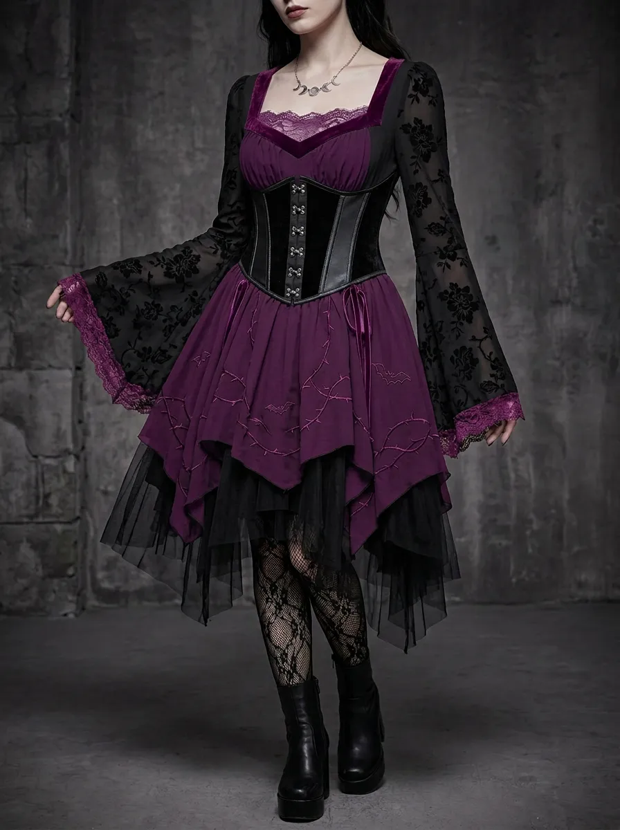 Women's Gothic Bat Thorn Embroidery Lace Trimmed Printed Mini Dress