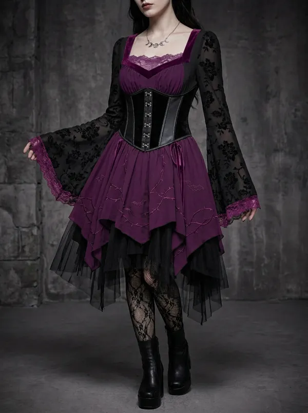 Women's Gothic Bat Thorn Embroidery Lace Trimmed Printed Mini Dress