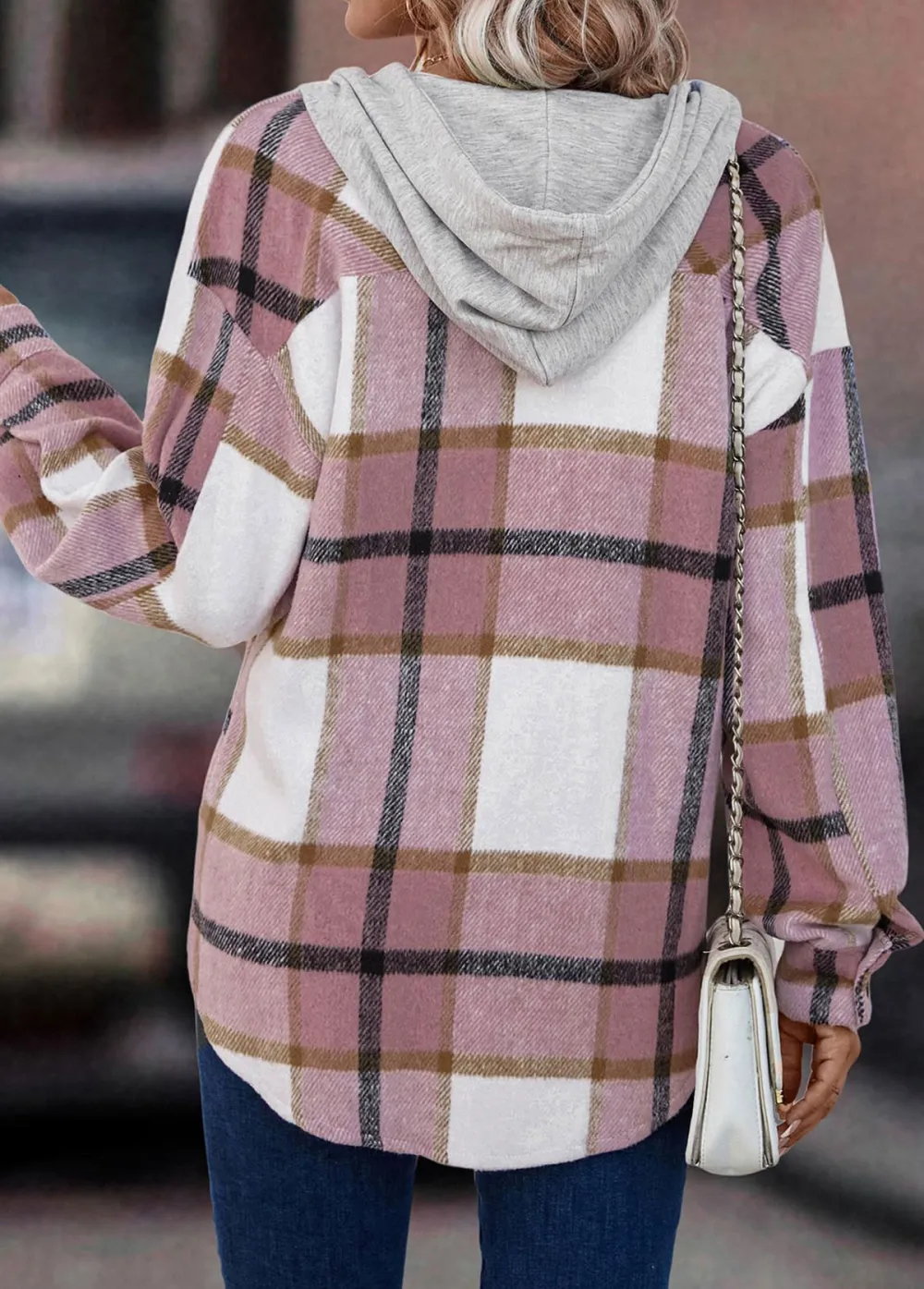 Pink Button Plaid Long Sleeve Hooded Coat