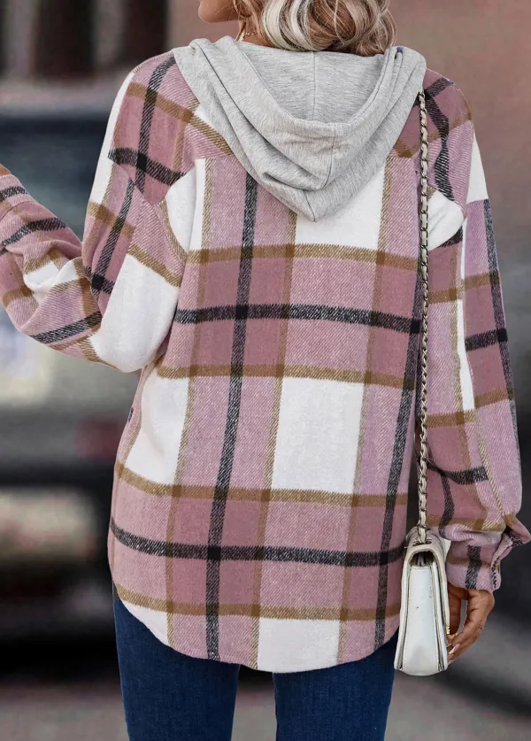 Pink Button Plaid Long Sleeve Hooded Coat