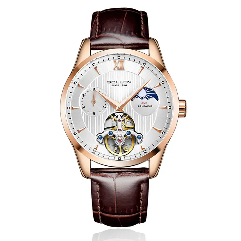 Sollen SL302 Men's Open Heart Automatic Mechanical Watch - 41mm Stainless Steel Case Moon Phase Dual Time Sunburst Dial Wristwatch