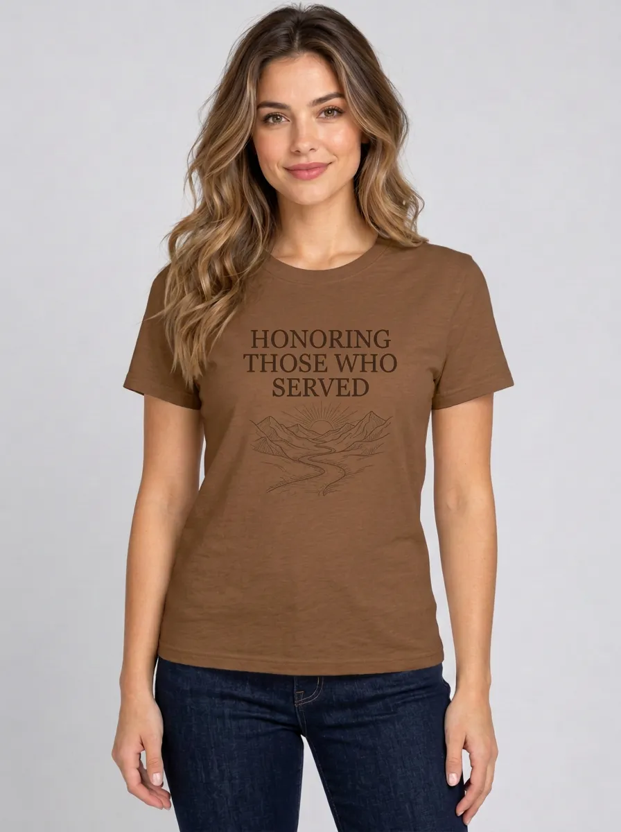 Women's Minimalist Veterans Day Honoring Those Who Served Mountain Landscape Graphic Crewneck T-Shirt