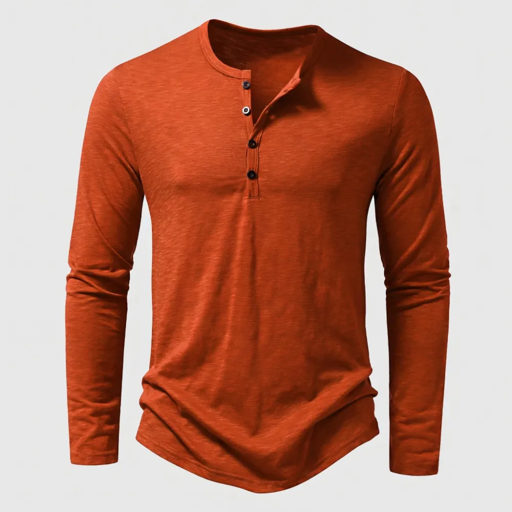 Men's Fashion: 2026 Autumn Western-Style Long-Sleeve Henley T-Shirt (Slub Cotton)