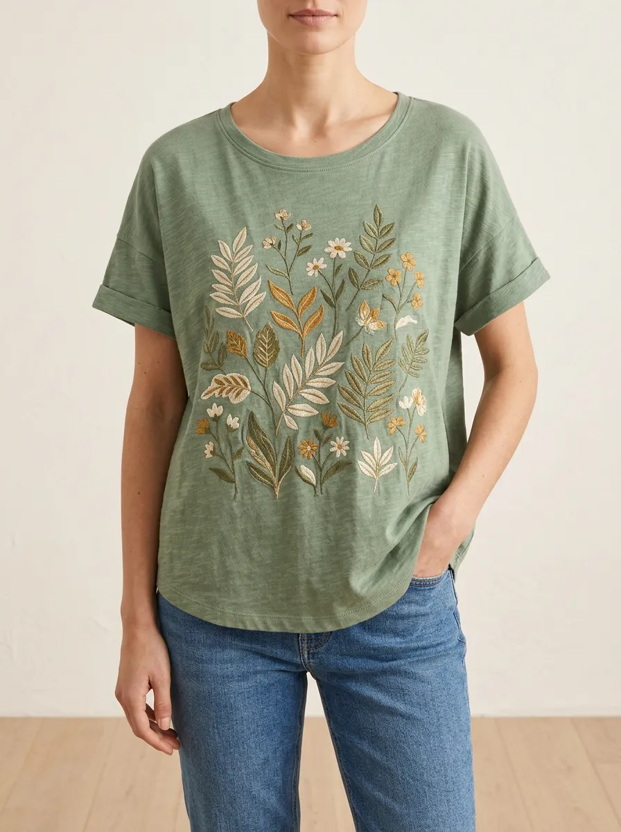 Everyday Floral Print Embroidered Detail Women's Casual Short Sleeve Tee