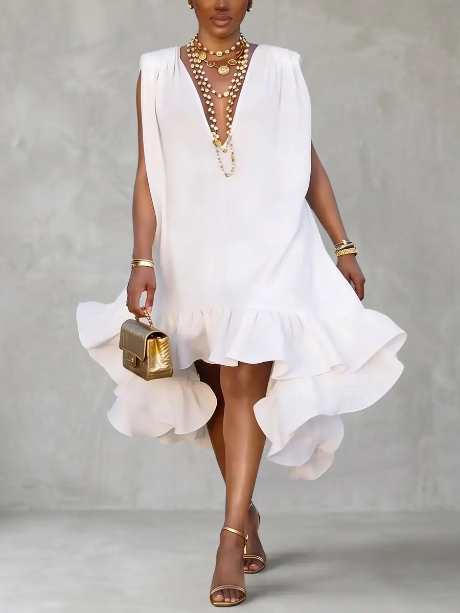 High Low Relaxed Pleated Ruffle Solid Color Deep V Neck Mini