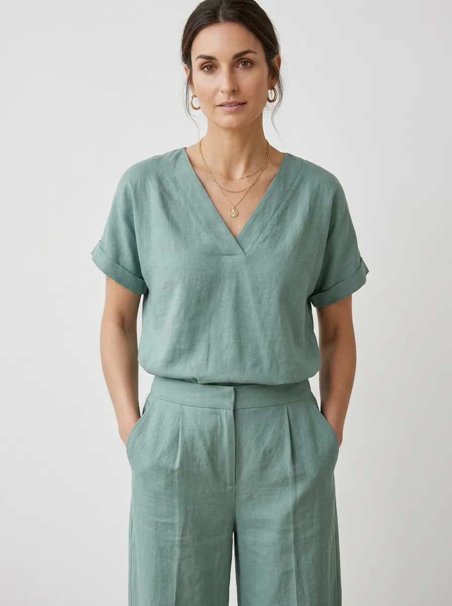 Pleated Relaxed Women's V-Neck Casual Lounge Set