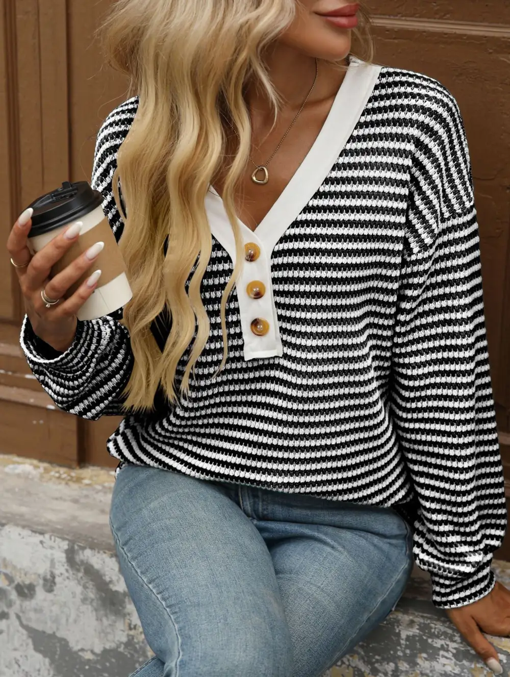 Button Down V Neck Top