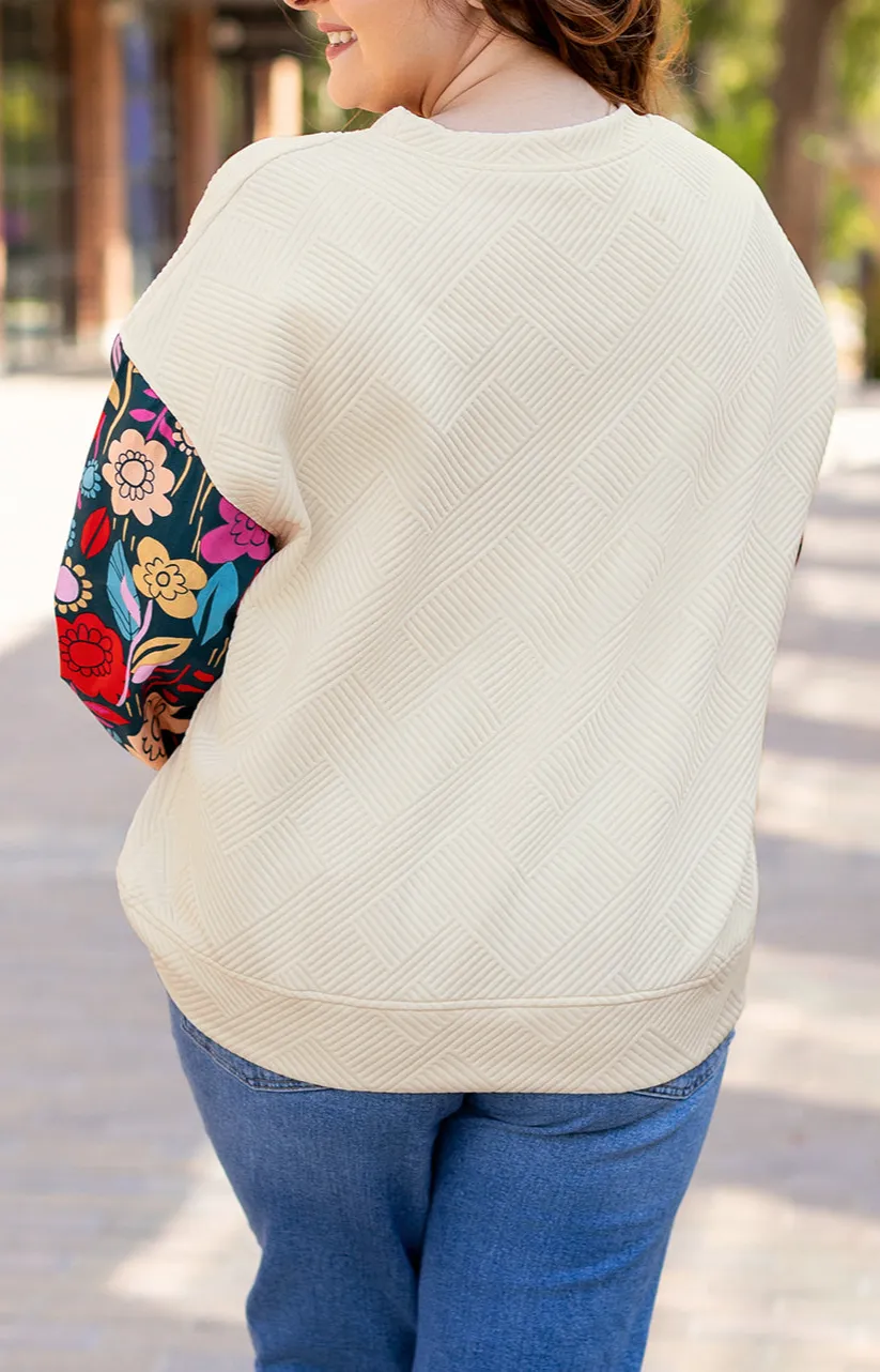Women's Floral Print Textured Patchwork Pullover Top