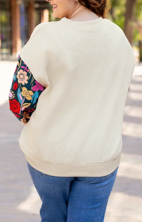 Women's Floral Print Textured Patchwork Pullover Top