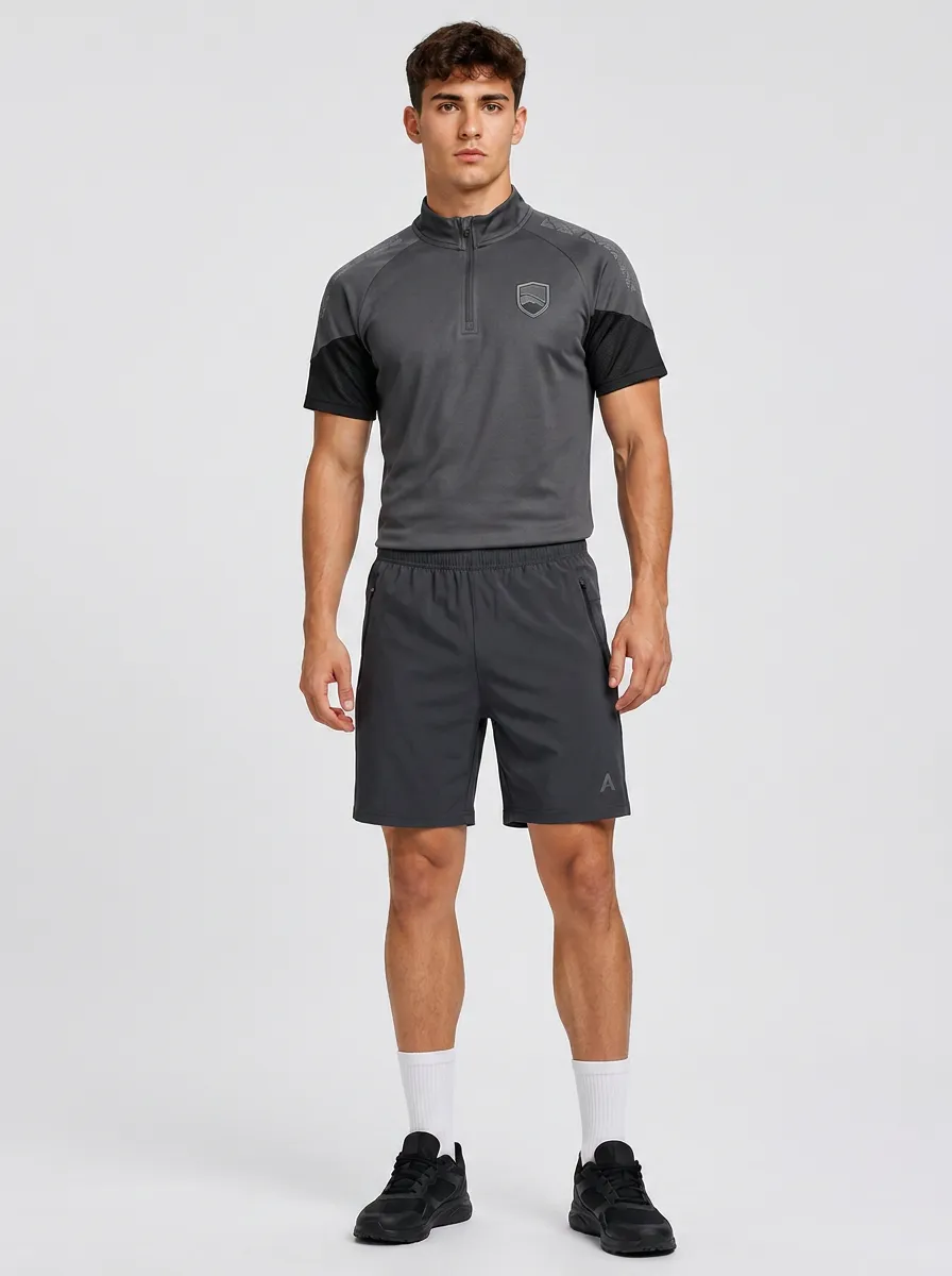 Men's Sport Training Grey Quarter Zip Printed Athletic Shorts Set