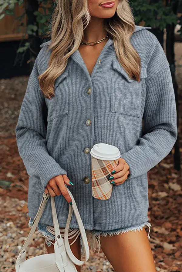 Women's Ribbed Knit Buttons Front Flap Pocket Casual Shacket