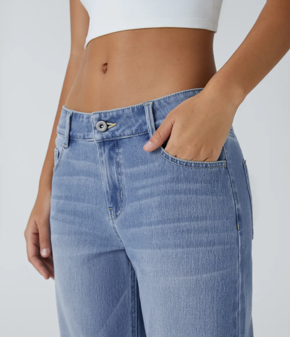 Magic Low Rise Button Zipper Multiple Pockets Straight Leg Washed Stretchy Knit Casual Jeans