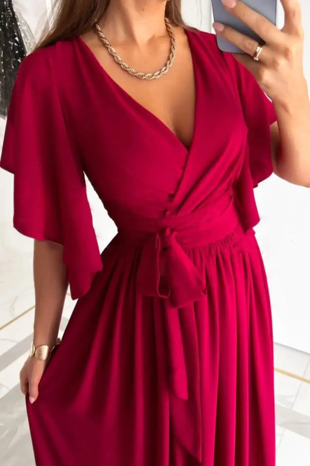 Relaxed Surplice Neck Flutter Sleeve Dress