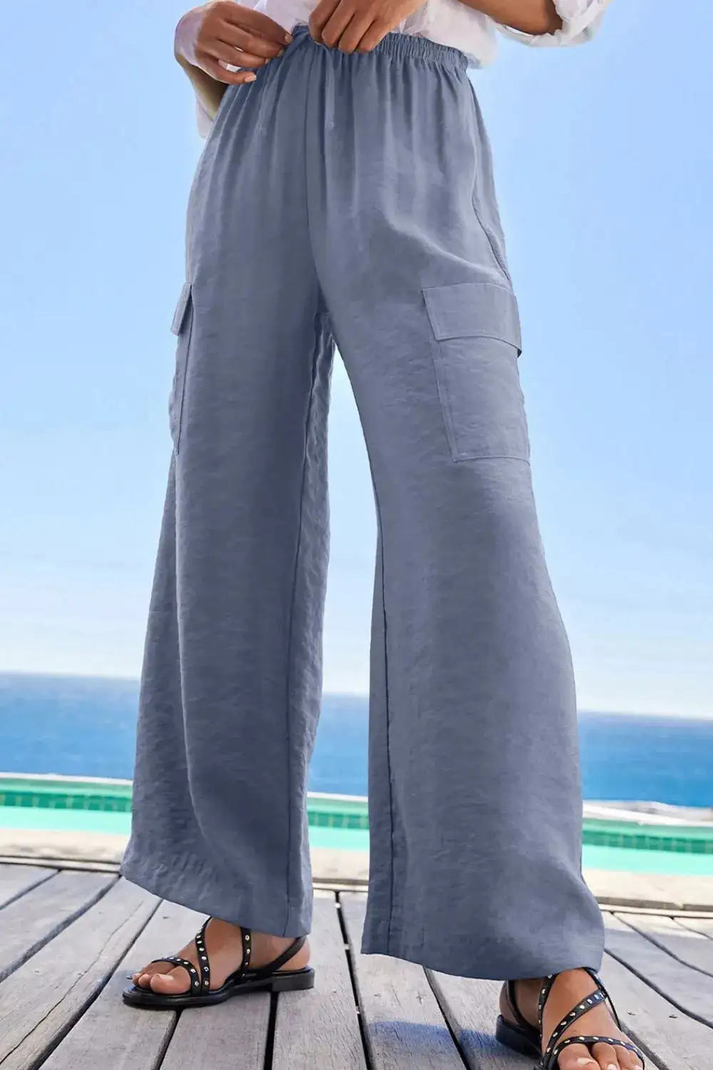 Drawstring Frilled Waist Wide Leg Utility Trousers