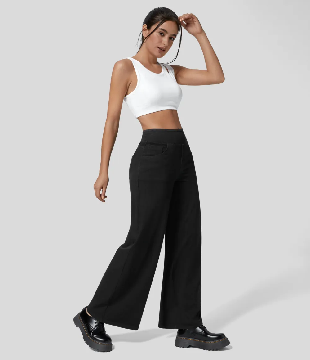 Magic High Waisted Multiple Pockets Wide Leg Loose Stretchy Knit Work Jeans