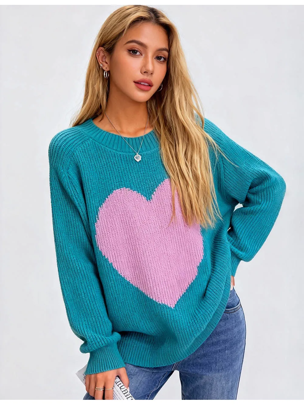 Valentine Heart Color Block Round Neck Sweater