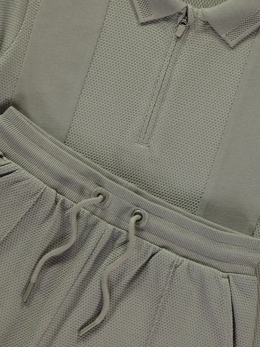 Khaki Textured Polo and Shorts Set