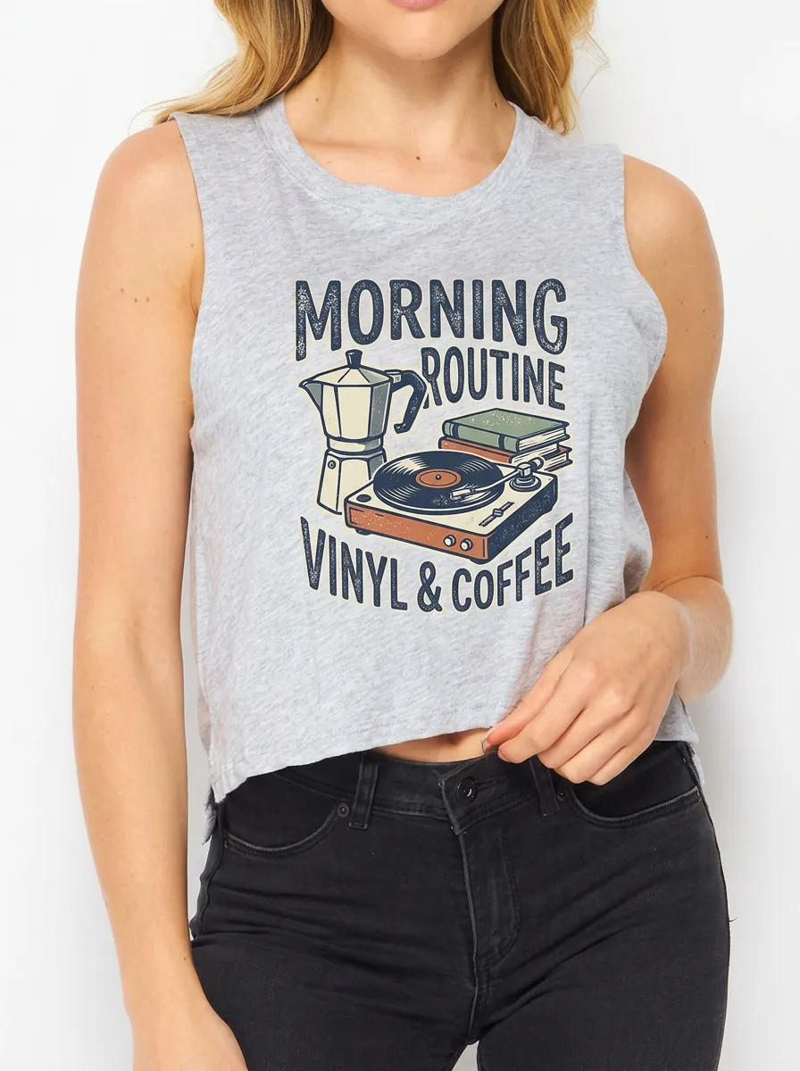 Women's Coffee Vinyl Record Lover Morning Routine Printed Tank Top
