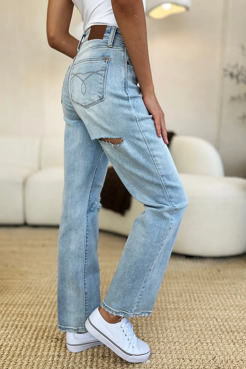 High Waist Distressed Straight Denim Jeans