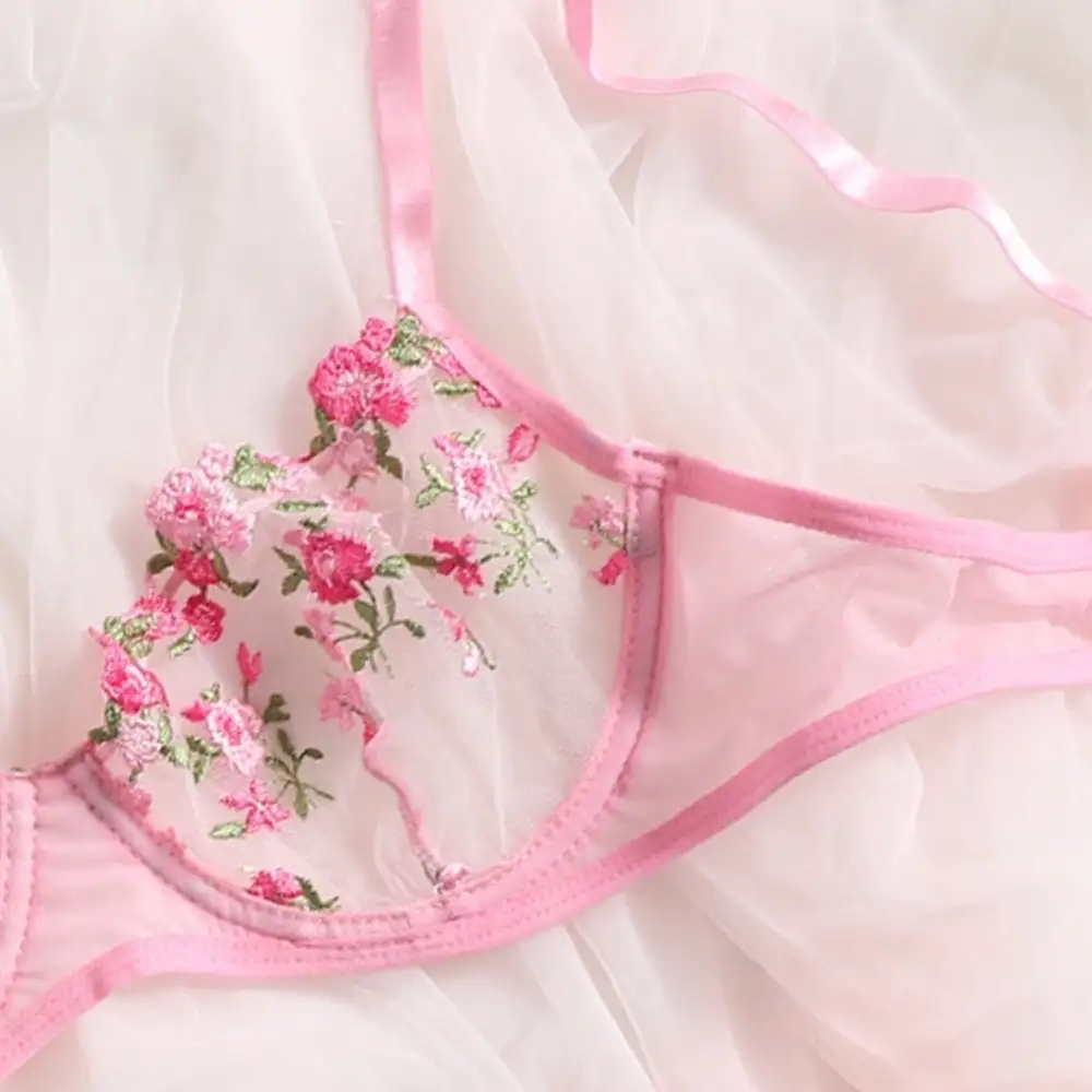 Floral Mesh Thong Lingerie Set