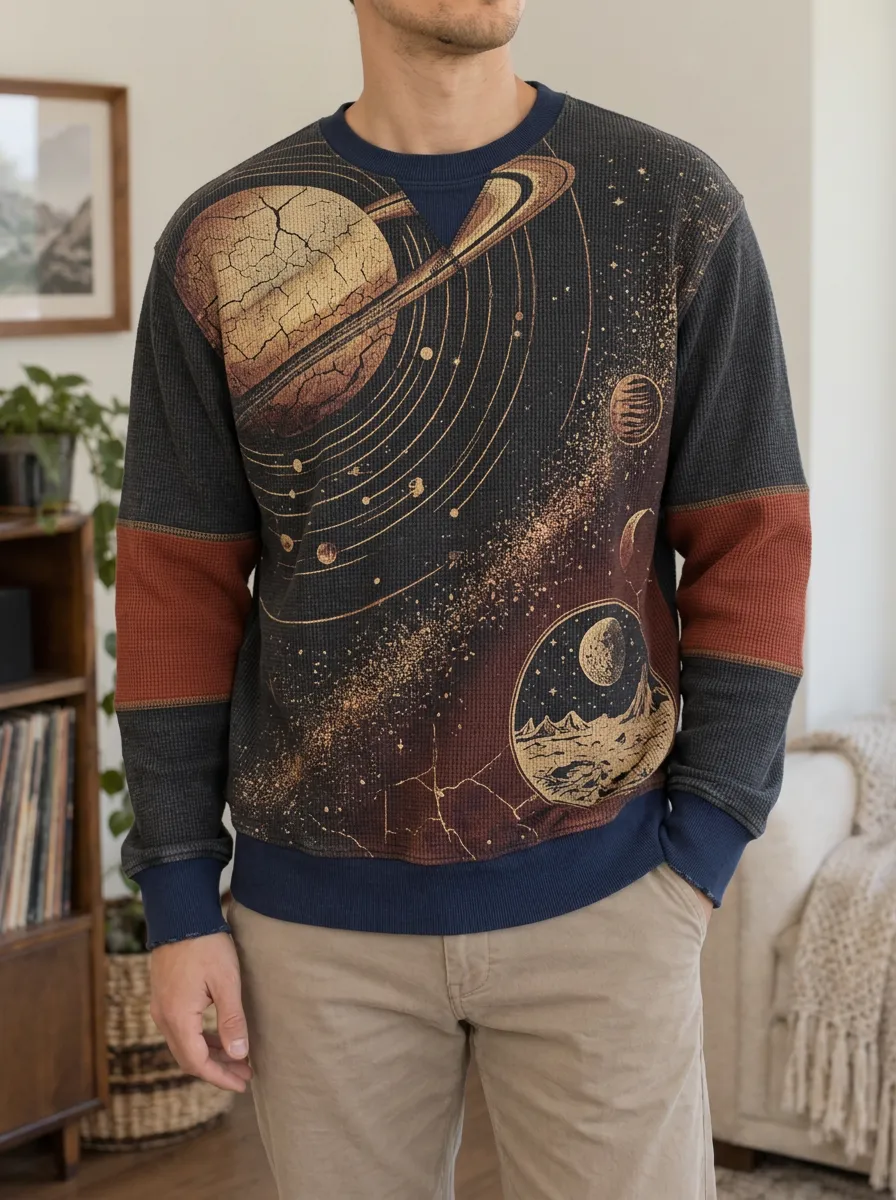 Men's Charcoal Celestial Graphic Waffle Crewneck Pullover Sweatshirt