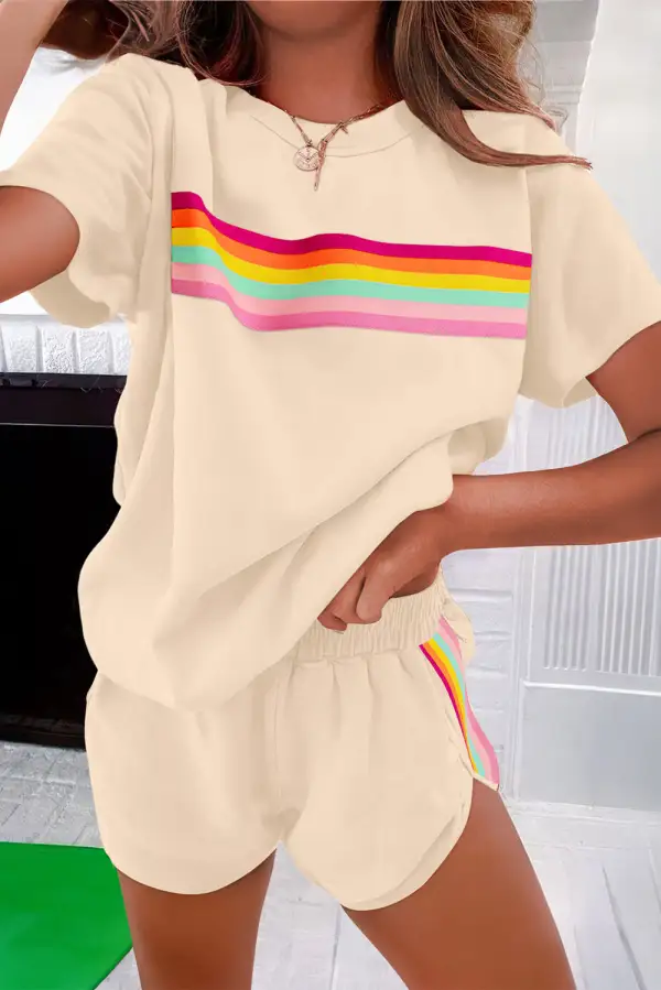 Women's Vibrant Striped Detail Athleisure Two Piece Short Set