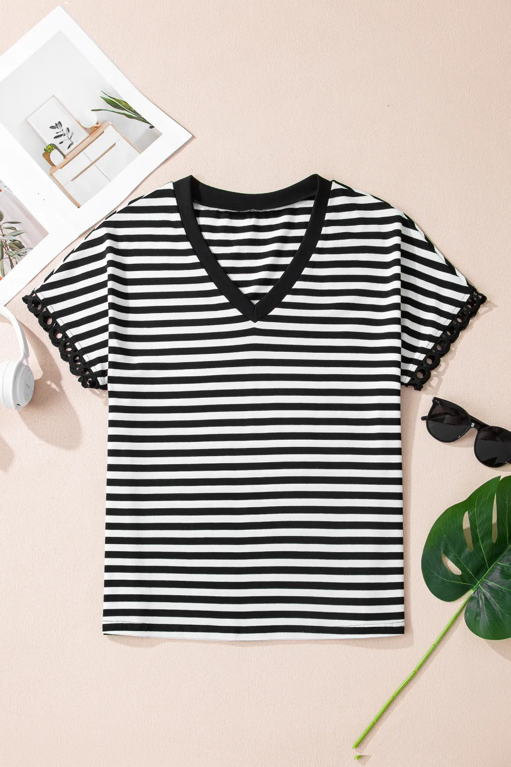 Black Striped Print V Neck Tee