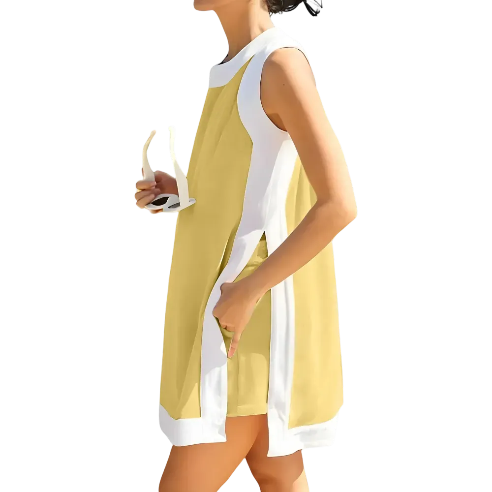Women’s Color-Blocked Sleeveless Pullover and Shorts Set with Pockets