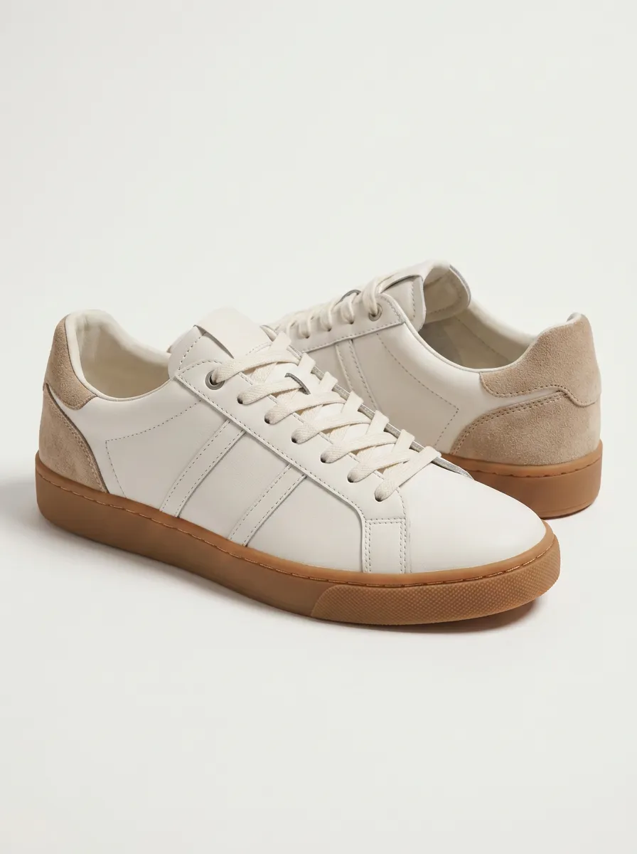 Women's Casual Minimalist Beige Suede Trimmed White Sneakers
