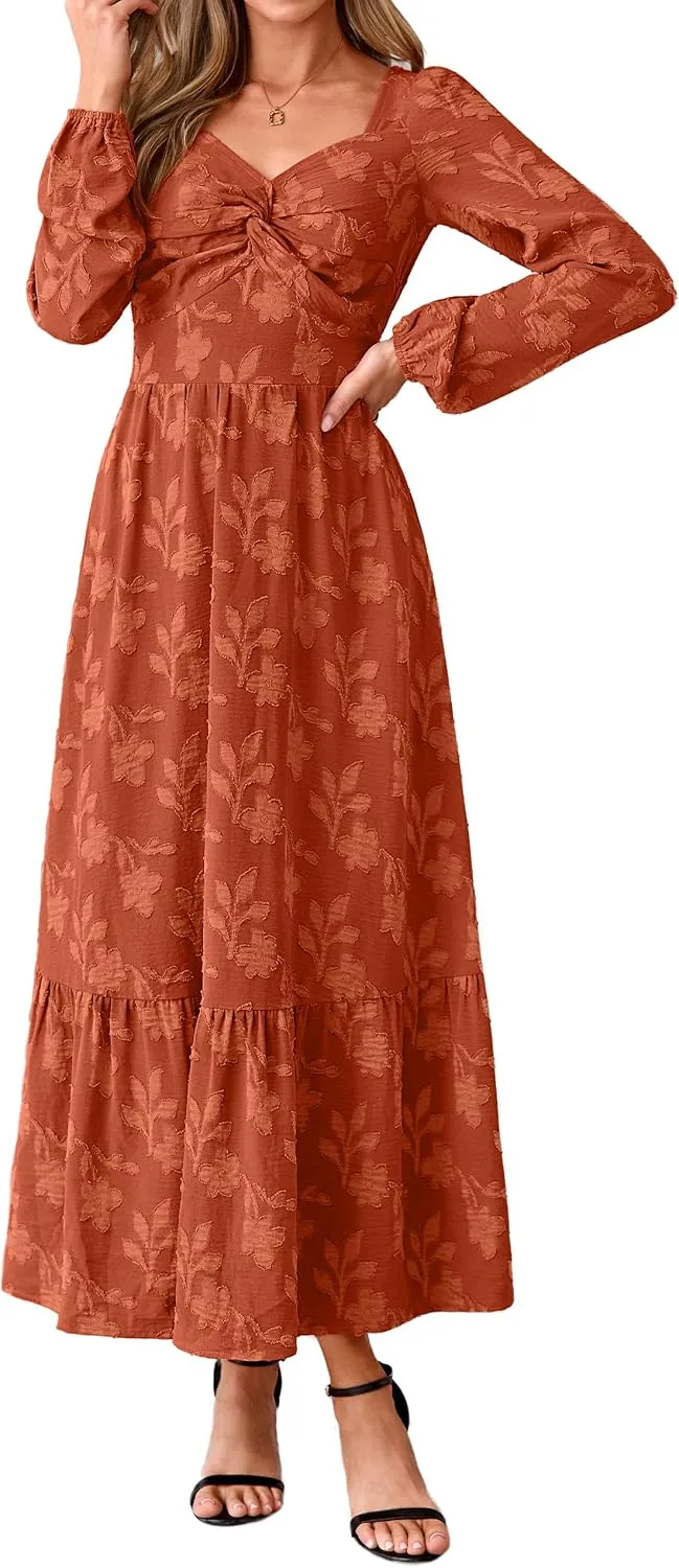 Simplee Womens Fall Long Sleeve Boho Floral Wedding Guest Maxi Dress
