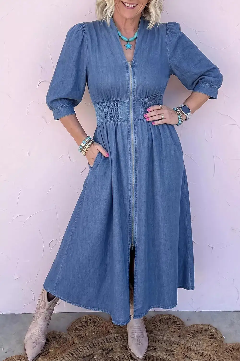 V-Neck Smocked Midi Dress