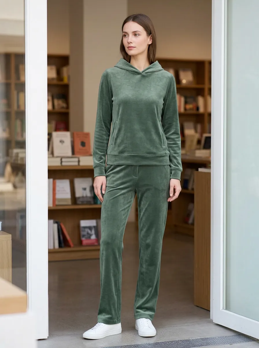 Women's Casual Lounge Green Velvet Long Sleeve Hoodie Straight Pants Set