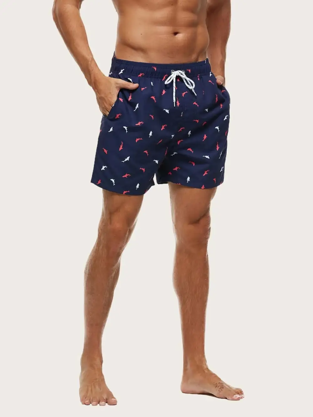 Men's Pocket Fish Print Drawstring Swim Trunks