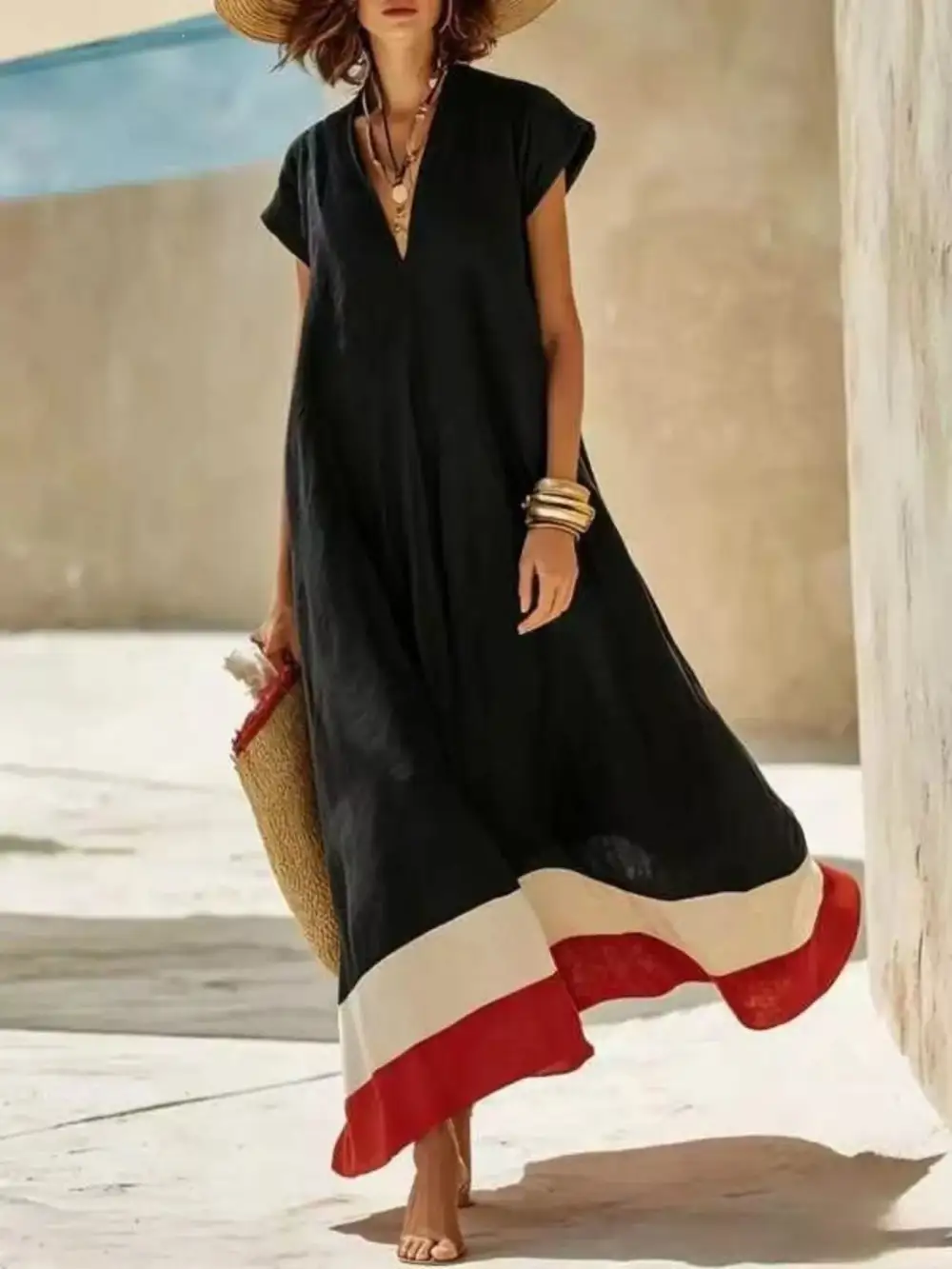 Color Block Hem V Neck Maxi Dress