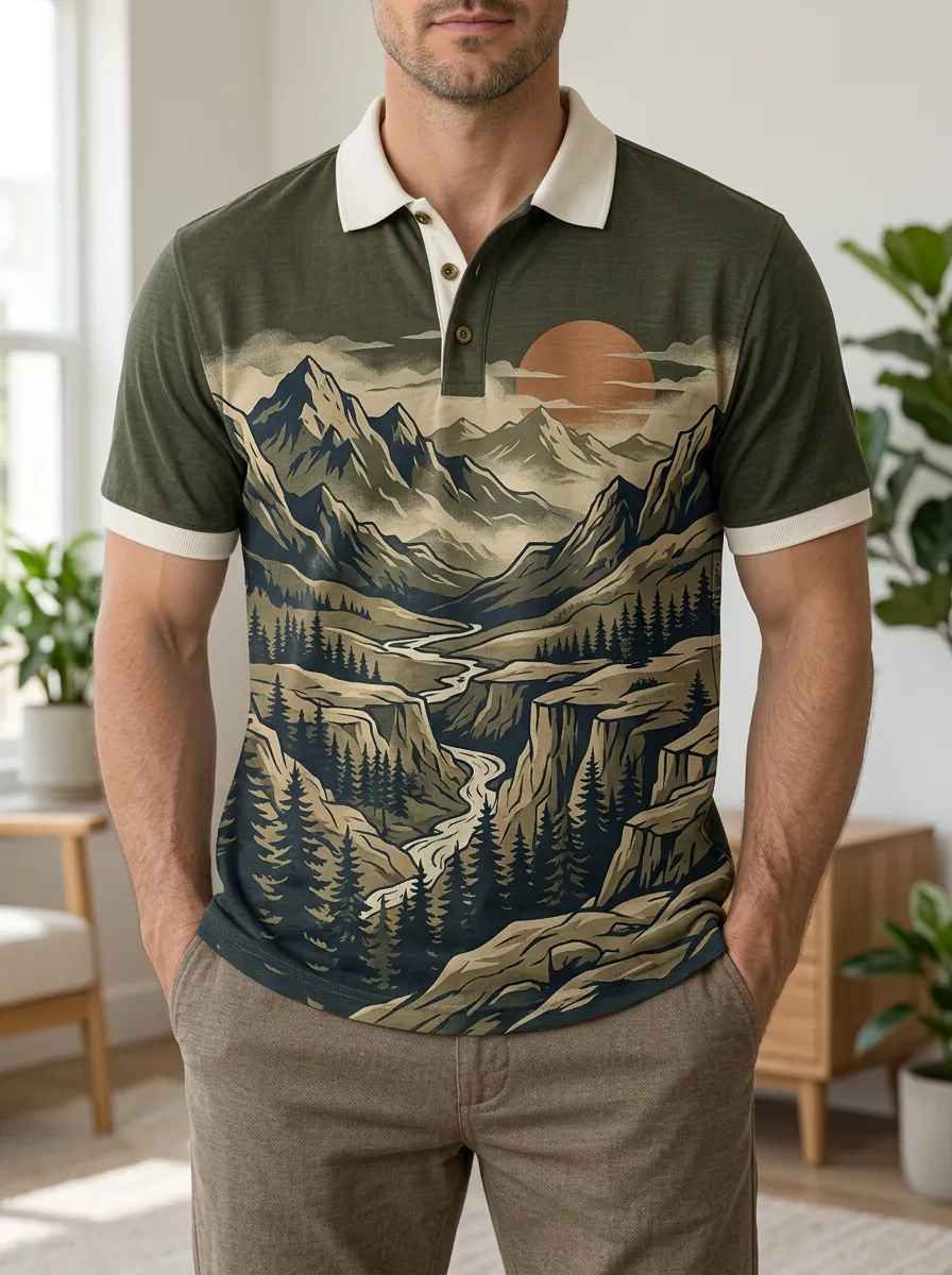 Men's Nature Outdoor Mountain Sunset Printed Polo Shirt