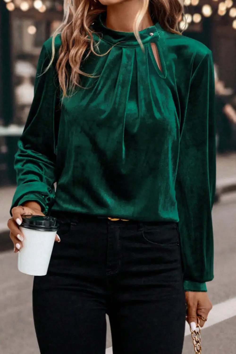 Women's Velvet Keyhole Long Sleeve Top