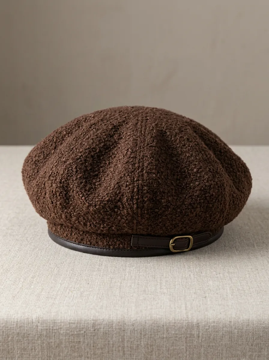 Unisex Brown Teddy Fleece Buckle Strap Beret Hat
